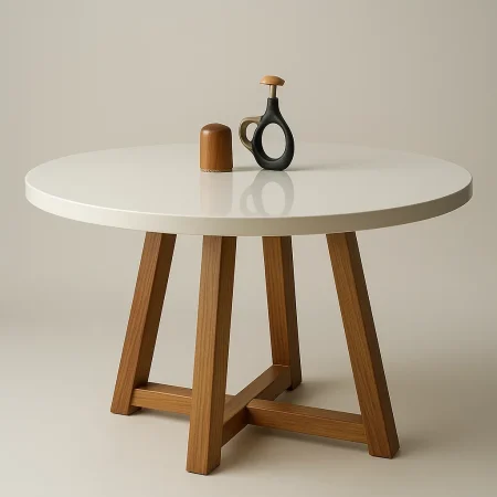 Mesa de Jantar Florida Redonda 1,10m x 1,10m Tampo MDF com Vidro Base Naturale Tampo Off-White