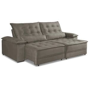 Sofá Retrátil e Reclinável Coral 2,50m 3 Lugares Espuma D28 Certificada Estrutura Reforçada Veludo Cinza