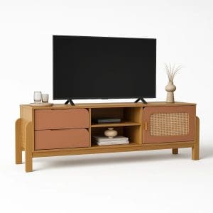 Rack de TV Daisy 1,60m Detalhe Palha 3D Gavetas Telescópicas Porta com Amortecedor Pés MDF 25mm