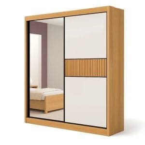Guarda-Roupa Casal 2 Portas Houston com Espelho 3 Gavetas 1,85m 100% MDF Cinamomo Off-White