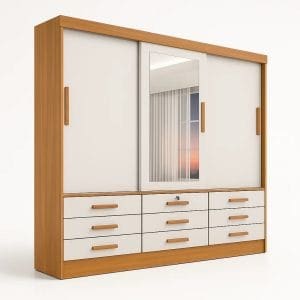 Guarda-Roupa Casal 3 Portas de Correr Tucson com Espelho 6 Gavetas 2,00m 100% MDF Cinamomo Off-White