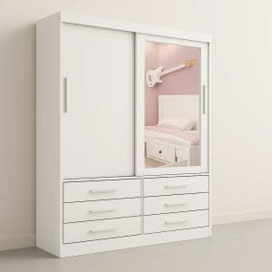 Guarda-Roupa Solteiro 2 Portas Tucson com Espelho 6 Gavetas 1,35m 100% MDF Branco