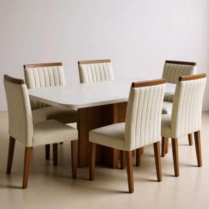 Conjunto Mesa de Jantar Dallas Marmorizada 1,80m x 0,90m com 6 Cadeiras Boucle Branco