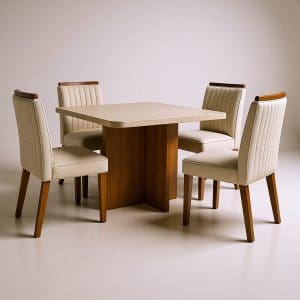 Conjunto Mesa de Jantar Dallas Marmorizada 0,90m x 0,90m com 4 Cadeiras Boucle Branco