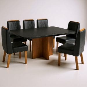 Conjunto Mesa de Jantar Texas Marmorizada 1,80m x 0,90m com 6 Cadeiras Couro Preto