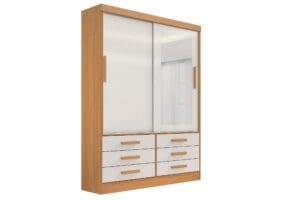 Guarda-Roupa Solteiro 2 Portas Tucson com Espelho 6 Gavetas 1,35m 100% MDF Cinamomo Off-White
