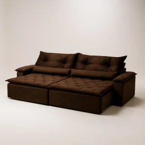 Sofá Retrátil e Reclinável Âmbar 2,40m 3 Lugares Pillow 15cm Estrutura Madeira Reflorestada Veludo Jolie Marrom