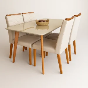 Mesa com Vidro Medelin 120x80cm com 4 Cadeiras Evora Bege