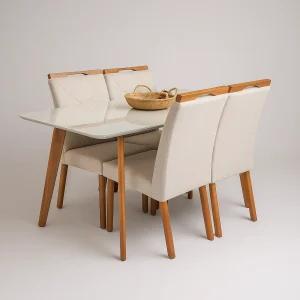 Mesa com Vidro Medelin 120x80cm com 4 Cadeiras Imperatriz Bege