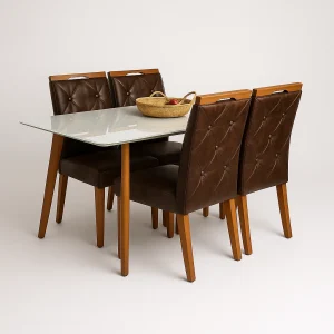 Mesa com Vidro Medelin 120x80cm com 4 Cadeiras Imperatriz Marrom
