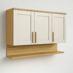 Armário Aéreo Florença 1,20m 3 Portas 100% MDF Pistão a Gás Amêndoa Off-White