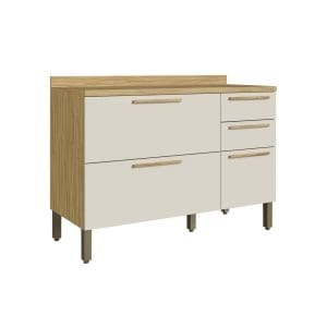 Balcão de Cozinha Florença 1,20m 3 Portas 2 Gavetas Tampo MDF 15mm Amêndoa Off-White