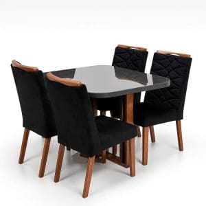 Mesa de Jantar Segovia 90x90cm MDF com 4 Cadeiras Evora Madeira Maciça Veludo Preto Tampo Vidro