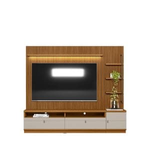 Rack com Painel e Módulo Lateral Catalunha 2,24m para TV até 75pol Ripado com LED MDP/MDF