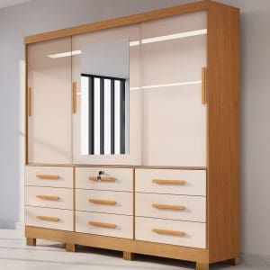 Guarda-Roupa Casal 3 Portas de Correr Athenas com Espelho 9 Gavetas 100% MDF 1,80m Nature Off-White