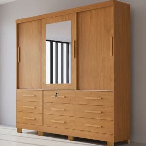 Guarda-Roupa Casal 3 Portas de Correr Athenas com Espelho 9 Gavetas 100% MDF 1,80m Nature
