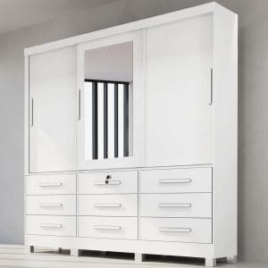 Guarda-Roupa Casal 3 Portas de Correr Athenas com Espelho 9 Gavetas 100% MDF 1,80m Branco